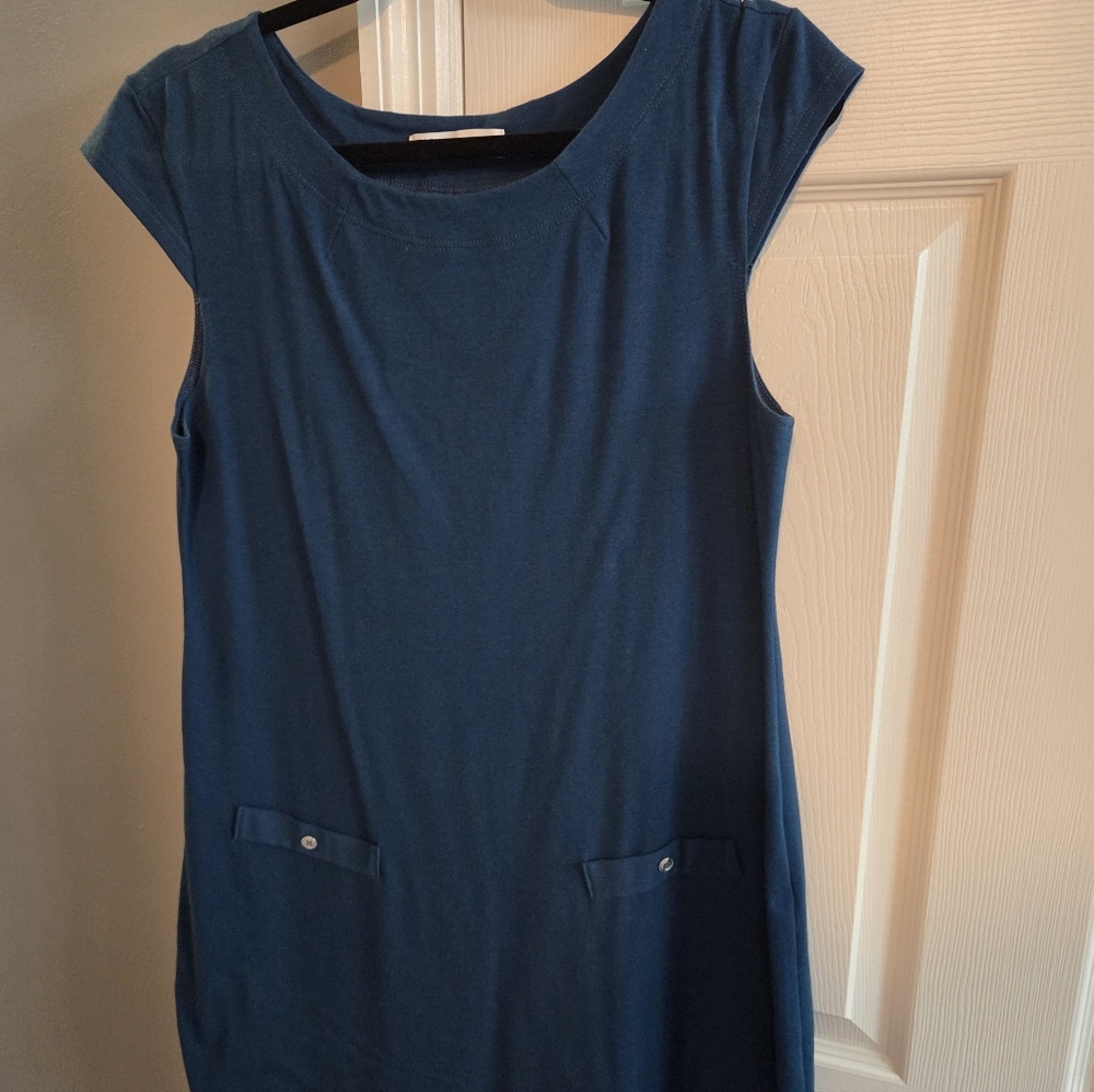 FIG brand 91% organic cotton cap sleeve dark teal/blue Dress with Pocket Details